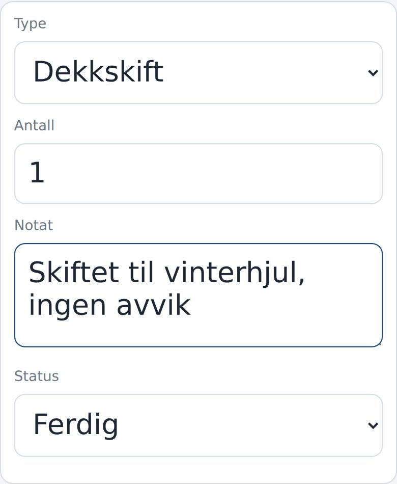 Skjema for nytt arbeid i Dekkpro Mobil: Type, Antall, Notat og Status