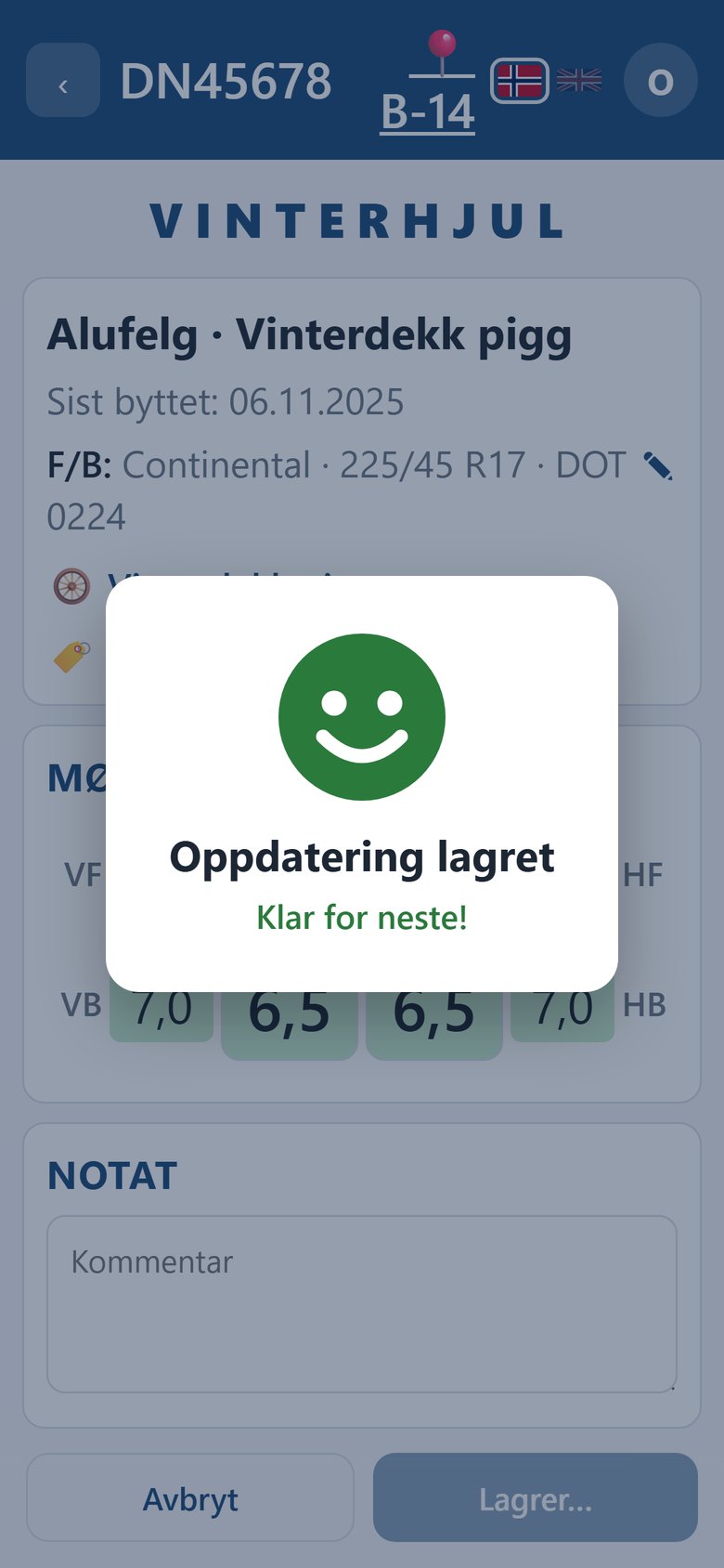 Bekreftelse i Dekkpro Mobil: Oppdatering lagret – klar for neste