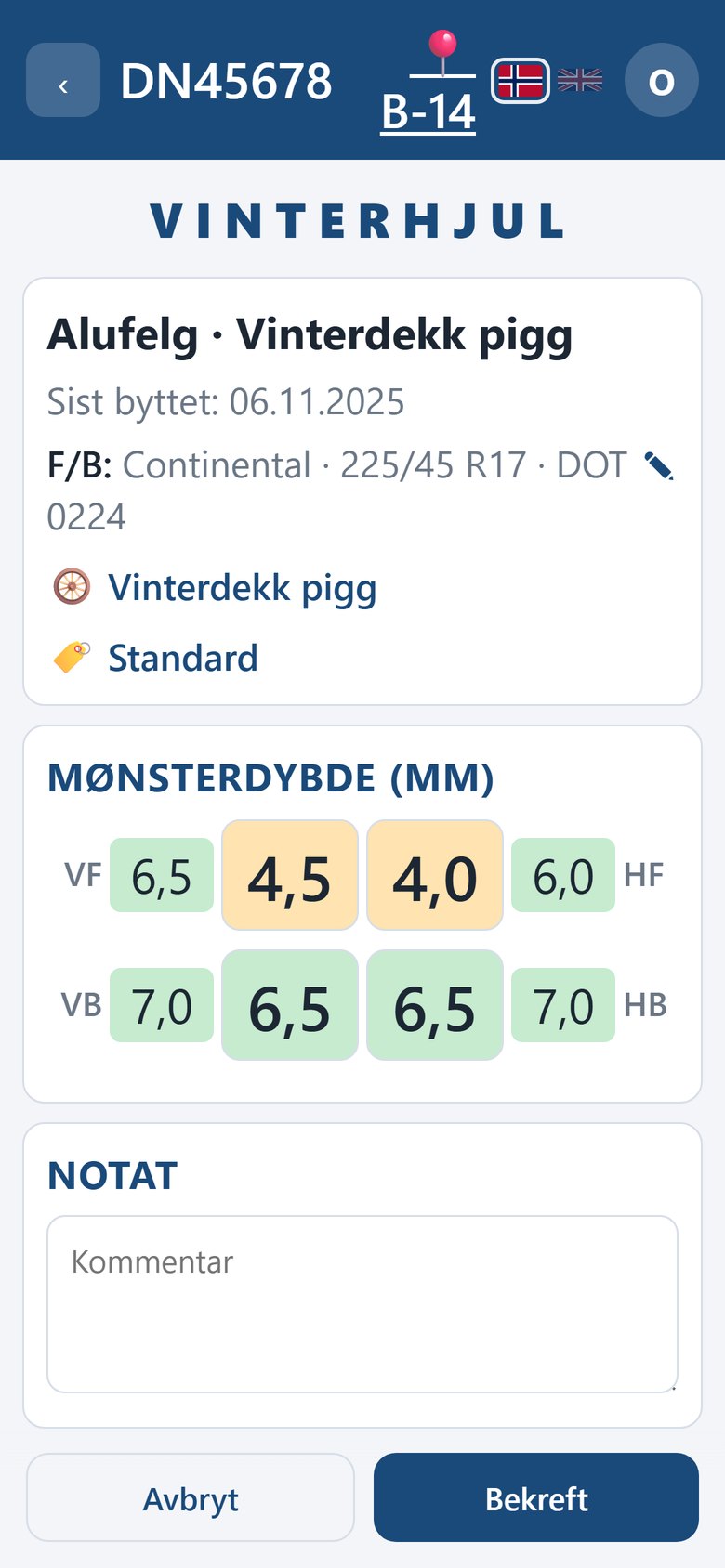 Målebildet i Dekkpro Mobil: mønsterdybde per hjul med forrige måling ved siden av