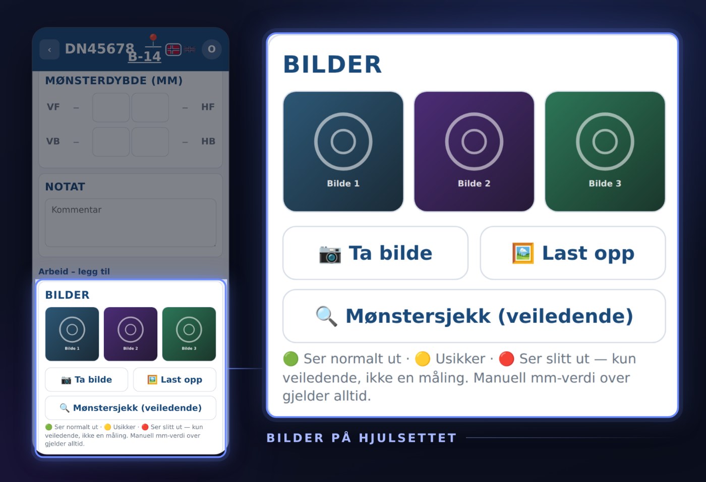 Bilder-kortet i Dekkpro Mobil: bilderute med Ta bilde og Last opp, rammet inn