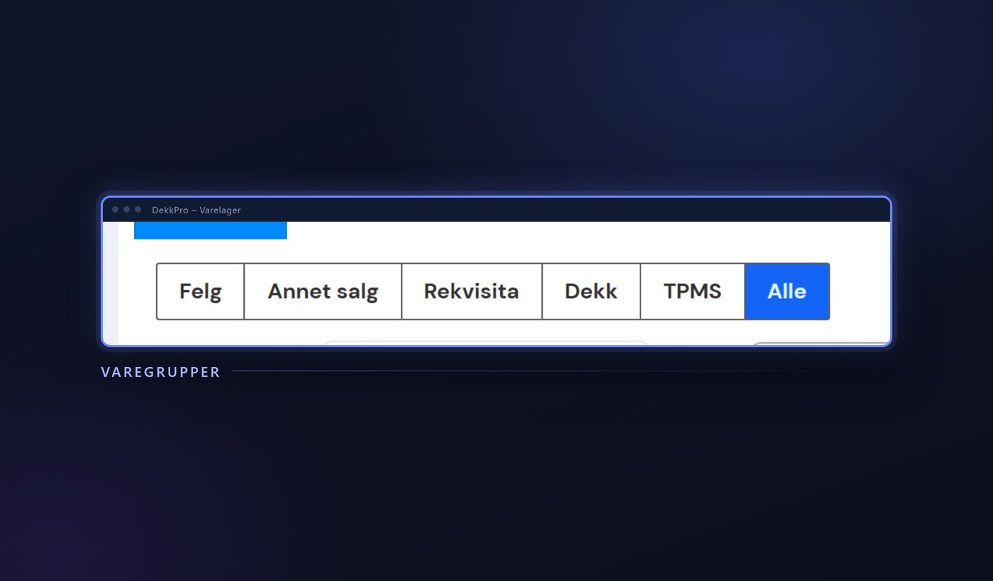Varegruppene i DekkPro: felg, dekk, TPMS og rekvisita