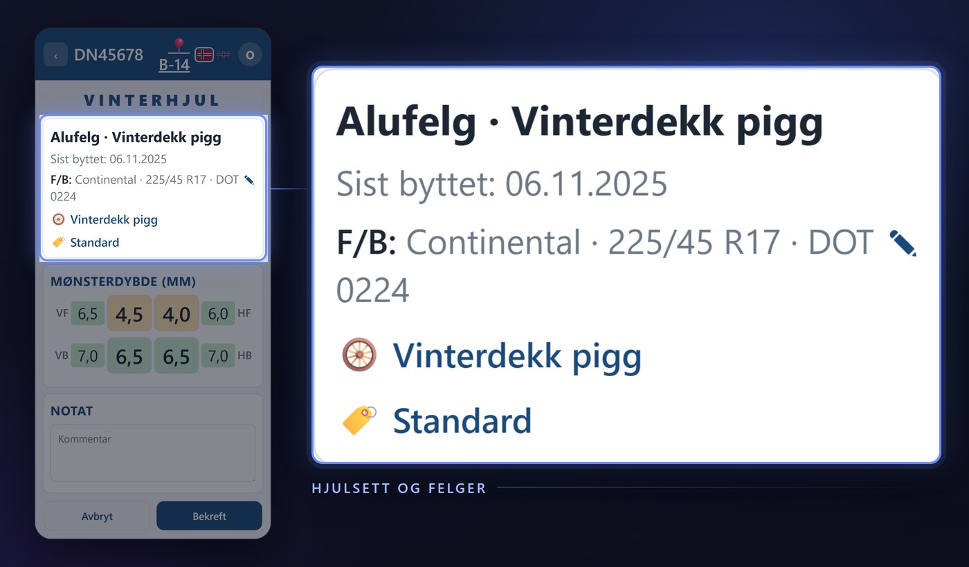 Hjulsettkortet i Dekkpro Mobil med felg, dekktype og dimensjon