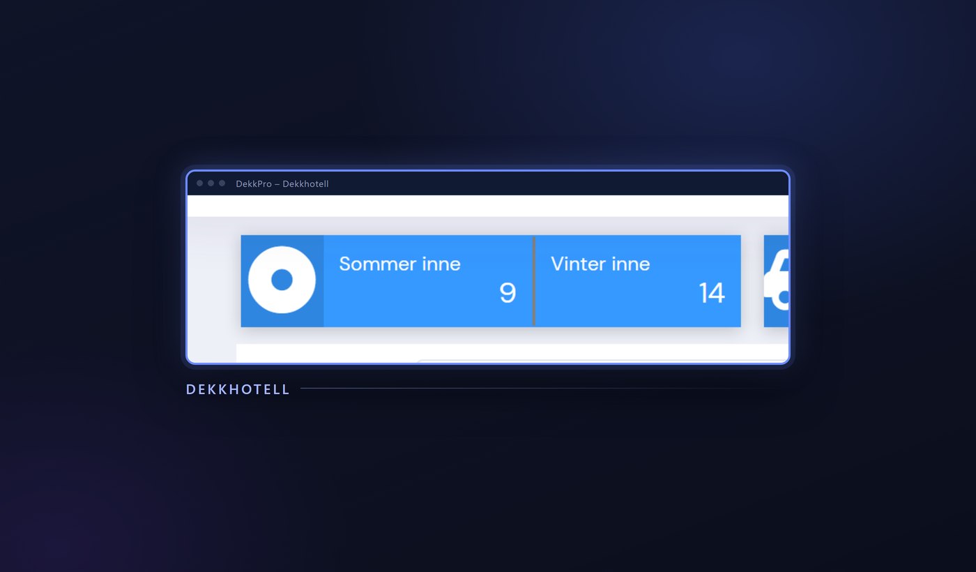 Dekkhotell-oversikten i DekkPro: sommerhjul og vinterhjul inne