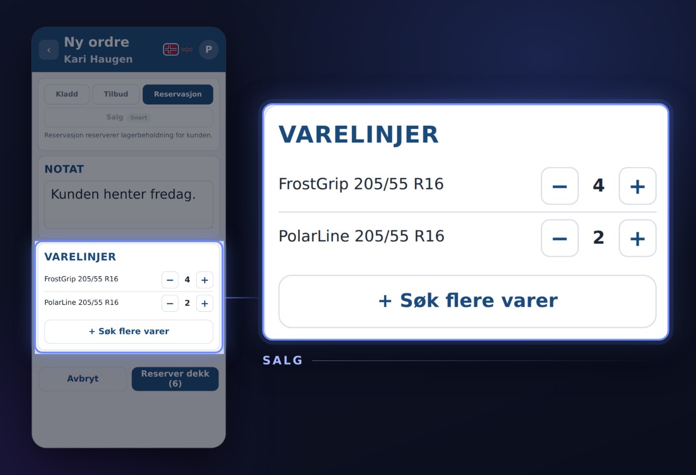 Varelinjer på en salgsordre i Dekkpro Mobil, rammet inn