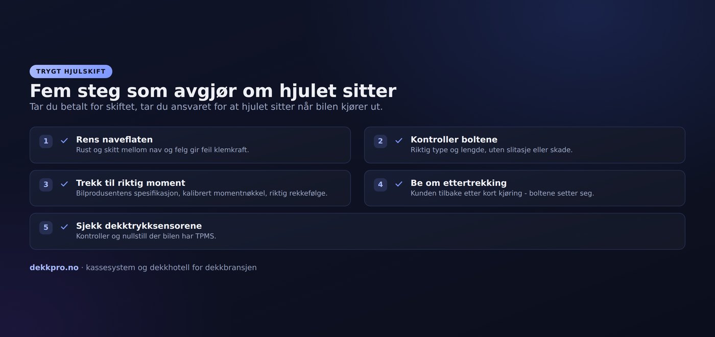 Fem punkter for et trygt hjulskift: rens naveflaten, kontroller boltene, trekk til riktig moment med kalibrert momentnøkkel, be kunden komme tilbake for ettertrekking, og sjekk dekktrykksensorene.