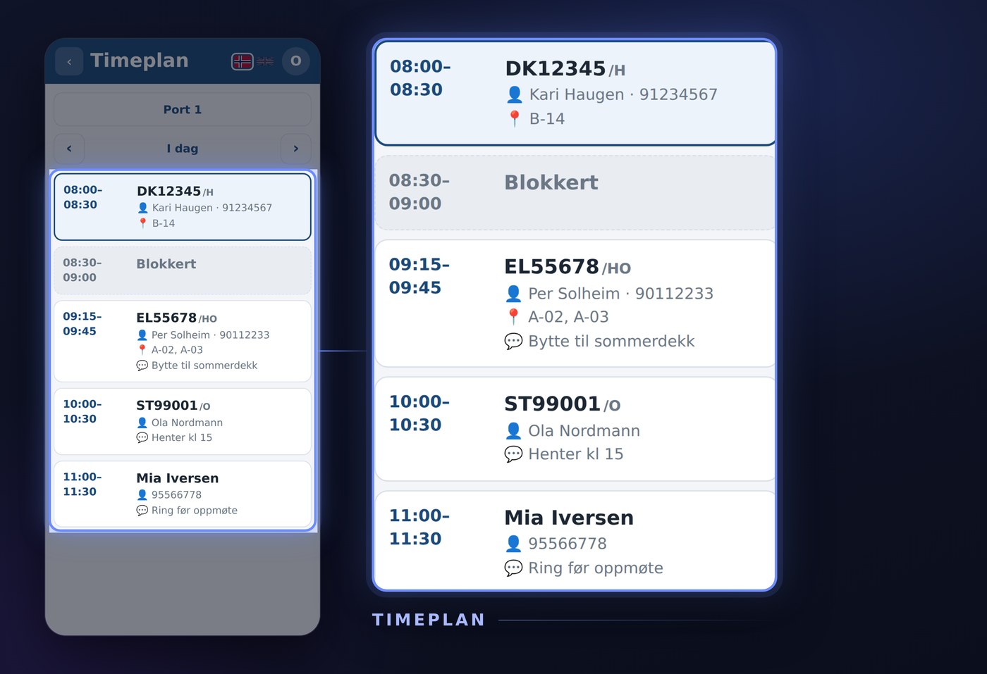 Dagens avtaler i Timeplan i Dekkpro Mobil, rammet inn