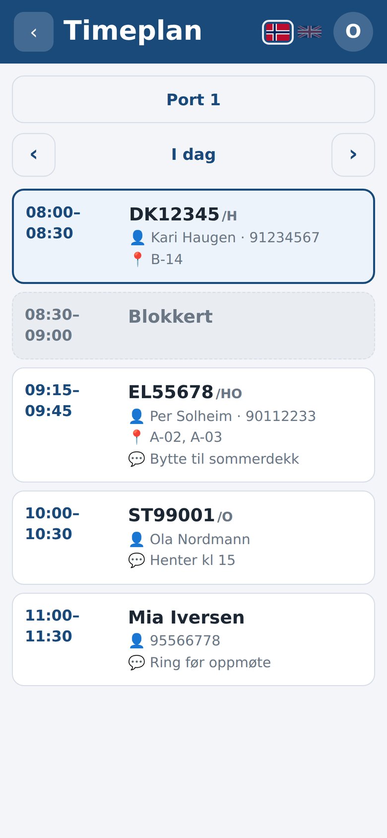 Timeplan i Dekkpro Mobil med dagens avtaler i rekkefølge, med tid, reg.nr og kunde