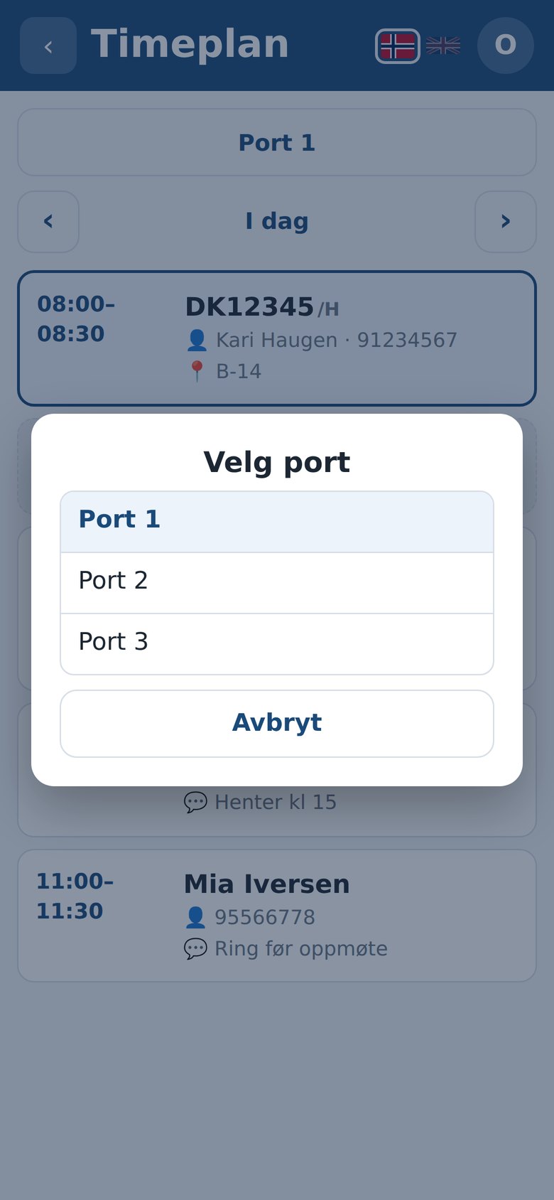 Portvelgeren i Timeplan i Dekkpro Mobil, med flere porter å velge mellom
