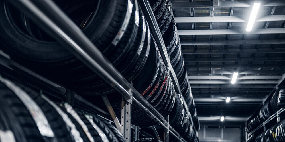 Tire warehouse with stacked tires